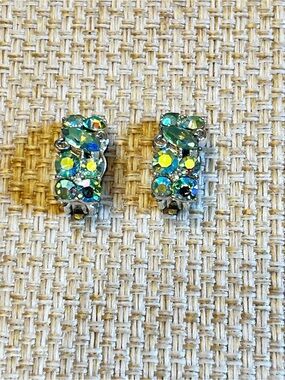 Vintage Lisner Aurora Borealis Rhinestone Clip-On Earrings AB crystal